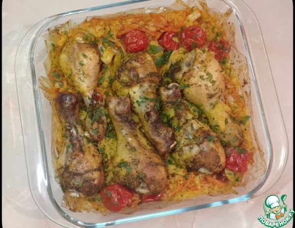 Куриные ножки, запеченные в рукаве, с рисом и овощами